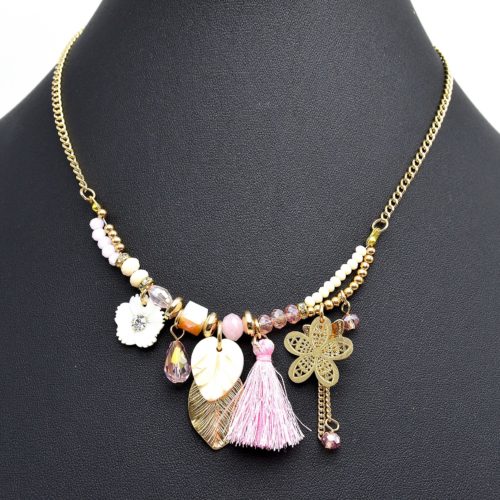 Collier-Perles-et-Multi-Charms-Fleurs-Feuilles-Pompon-Rose