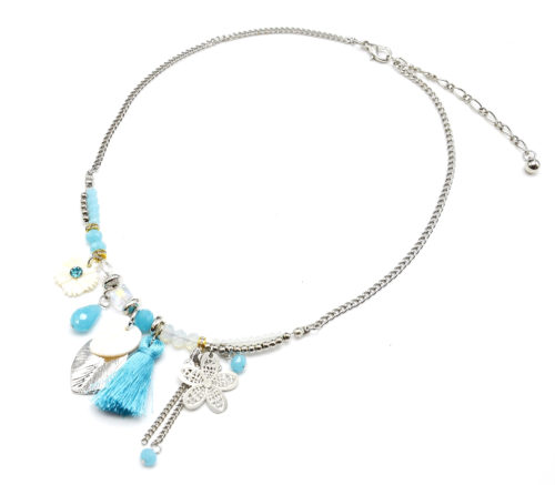 Collier-Perles-et-Multi-Charms-Fleurs-Feuilles-Pompon-Bleu