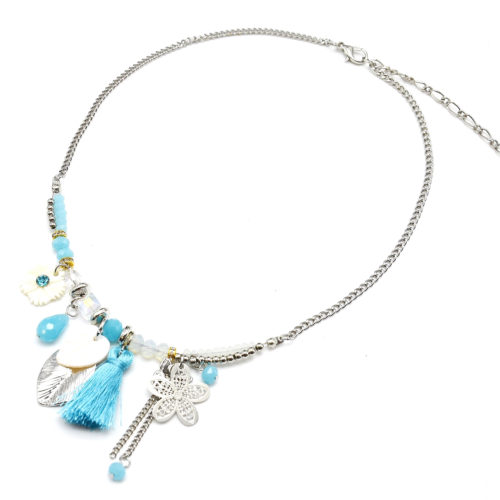 Collier-Perles-et-Multi-Charms-Fleurs-Feuilles-Pompon-Bleu