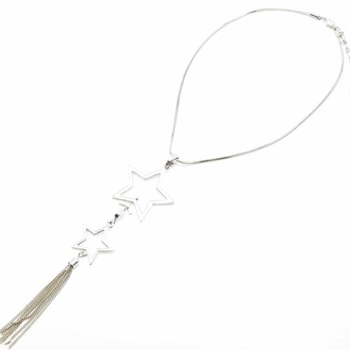 Collier-Pendentif-Etoiles-et-Franges-Metal-Argente