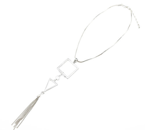 CC917E - Collier Pendentif Carré Triangle Inversé et Franges Métal Argenté - Mode Fantaisie