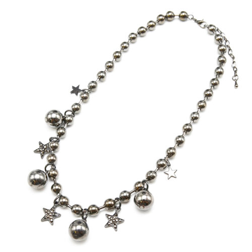 Collier-Chaine-Boules-Metal-Gris-Pendentif-Etoiles-Strass-et-Boules