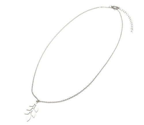 Collier-Fine-Chaine-et-Pendentif-Feuilles-de-Laurier-Acier-Argente