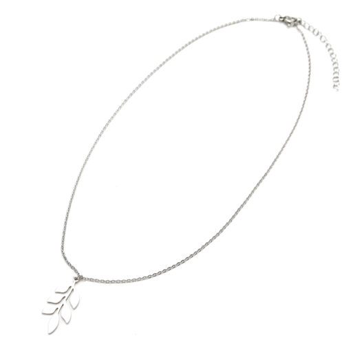 Collier-Fine-Chaine-et-Pendentif-Feuilles-de-Laurier-Acier-Argente