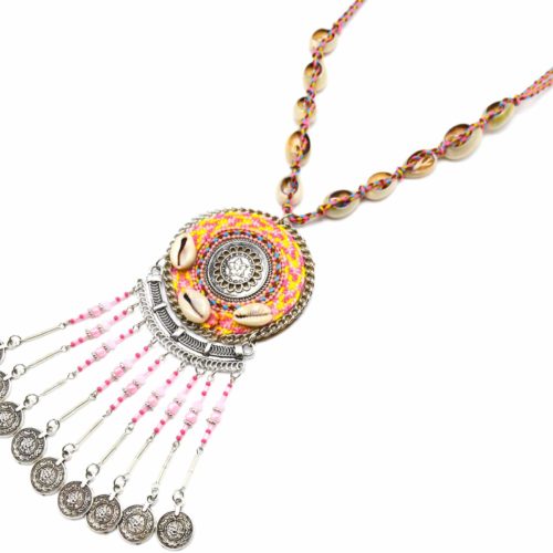 Sautoir-Collier-Cordon-Tresse-Cauris-avec-Cercle-Ethnique-Rose-et-Chaines-Pieces