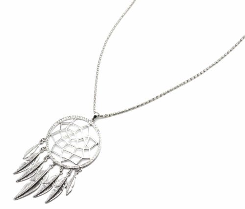 Sautoir-Collier-Pendentif-Attrape-Reves-Contour-Strass-et-Plumes-Metal-Argente