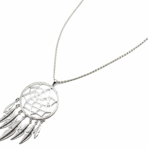 Sautoir-Collier-Pendentif-Attrape-Reves-Contour-Strass-et-Plumes-Metal-Argente