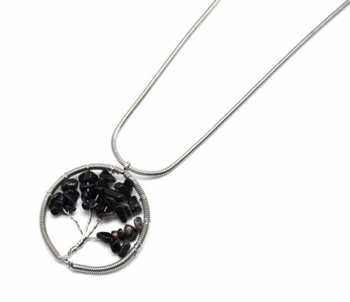 Sautoir-Collier-Pendentif-Arbre-de-Vie-Pierres-Noires-Contour-Metal-Argente