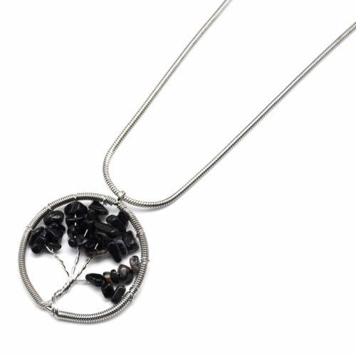 Sautoir-Collier-Pendentif-Arbre-de-Vie-Pierres-Noires-Contour-Metal-Argente