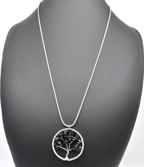 Sautoir-Collier-Pendentif-Arbre-de-Vie-Pierres-Noires-Contour-Metal-Argente