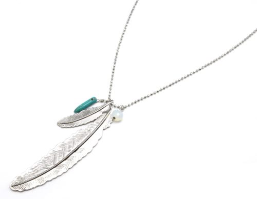 Sautoir-Collier-Pendentif-Double-Plumes-Relief-Metal-Argente-et-Pierre-Turquoise