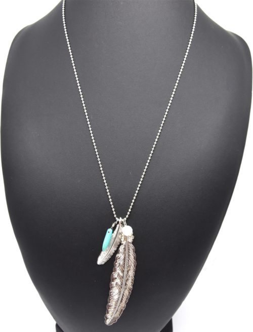 Sautoir-Collier-Pendentif-Double-Plumes-Relief-Metal-Argente-et-Pierre-Turquoise