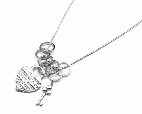 Sautoir-Collier-Pendentif-Anneaux-et-Coeur-Cadenas-Message-Happy-Strass-Metal-Argente