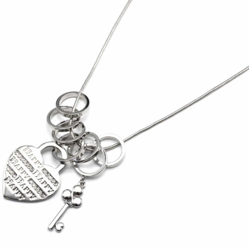 Sautoir-Collier-Pendentif-Anneaux-et-Coeur-Cadenas-Message-Happy-Strass-Metal-Argente