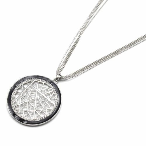 Sautoir-Collier-Multi-Chaines-Pendentif-Cercle-Ajoure-Contour-Strass-Metal-ArgenteNoir