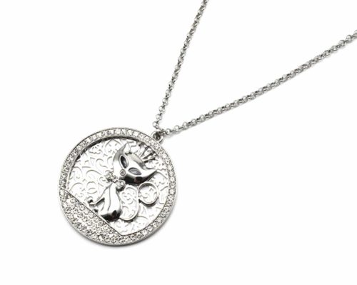 Sautoir-Collier-Pendentif-Cercle-Ajoure-Chat-Metal-Argente-et-Contour-Strass