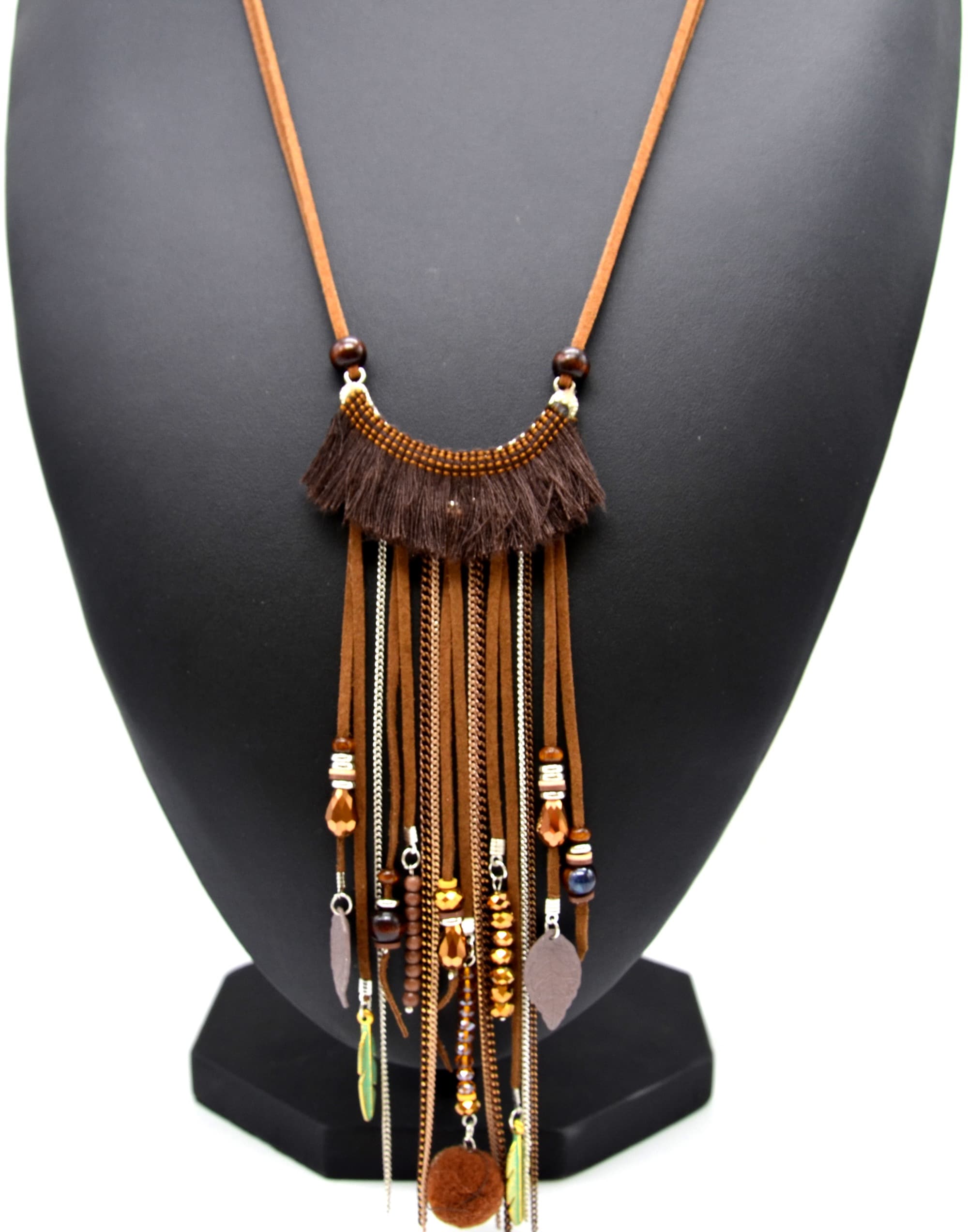 CL1899F Sautoir Collier Cordons Perles avec Boules et Multi Pompons Fils Gr...