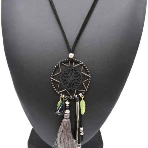 Sautoir-Collier-Cordons-Noir-Pendentif-Cercle-Motif-Ajoure-Pompons-et-Plumes