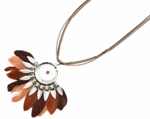 Sautoir-Collier-Pendentif-Cercle-Nacre-Feuilles-Metal-et-Plumes-Taupe-Marron