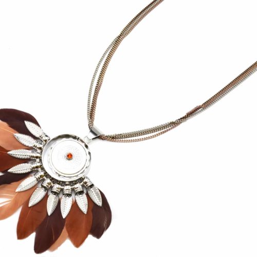 Sautoir-Collier-Pendentif-Cercle-Nacre-Feuilles-Metal-et-Plumes-Taupe-Marron