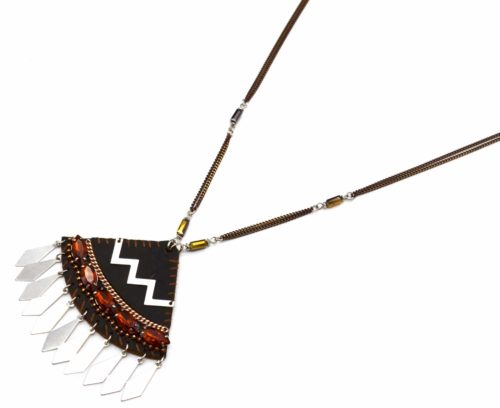 Sautoir-Collier-Pendentif-Triangle-Pierres-Marron-Chevrons-et-Losanges-Metal-Argente