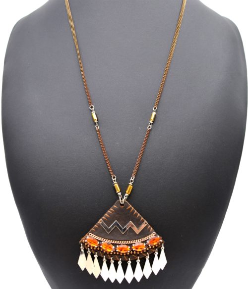 Sautoir-Collier-Pendentif-Triangle-Pierres-Marron-Chevrons-et-Losanges-Metal-Argente