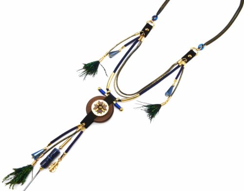 Sautoir-Collier-Multi-Chaines-avec-Cercle-Bois-Perles-Bleues-et-Plumes-Paon