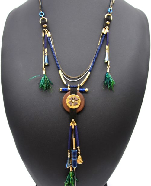 Sautoir-Collier-Multi-Chaines-avec-Cercle-Bois-Perles-Bleues-et-Plumes-Paon