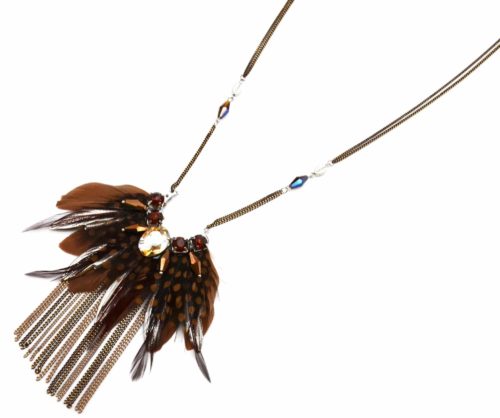 Sautoir-Collier-Pendentif-Pierres-et-Plumes-Marron-avec-Chaines-Pendantes