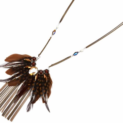 Sautoir-Collier-Pendentif-Pierres-et-Plumes-Marron-avec-Chaines-Pendantes