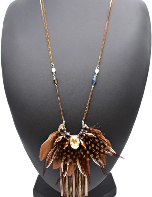 Sautoir-Collier-Pendentif-Pierres-et-Plumes-Marron-avec-Chaines-Pendantes