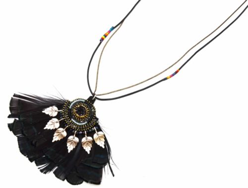 Sautoir-Collier-Cordon-Pendentif-Pierres-Feuilles-Metal-et-Plumes-Ethnique-Noir