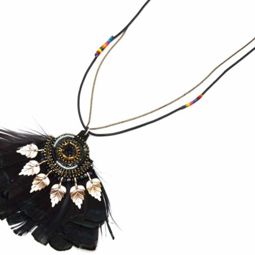 Sautoir-Collier-Cordon-Pendentif-Pierres-Feuilles-Metal-et-Plumes-Ethnique-Noir