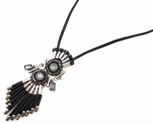 Sautoir-Collier-Cordon-Pendentif-Pierres-Metal-Vieilli-Argente-et-Tubes-Simili-Cuir-Noir