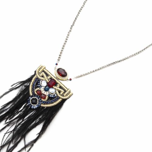 Sautoir-Collier-Chaine-Metal-Pendentif-Multi-Pierres-et-Fines-Plumes-Noires