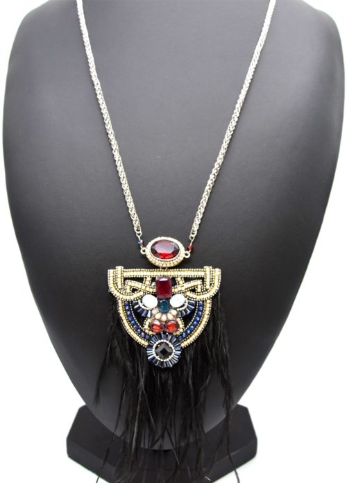 Sautoir-Collier-Chaine-Metal-Pendentif-Multi-Pierres-et-Fines-Plumes-Noires