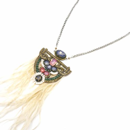 Sautoir-Collier-Chaine-Metal-Pendentif-Multi-Pierres-et-Fines-Plumes-Ecru