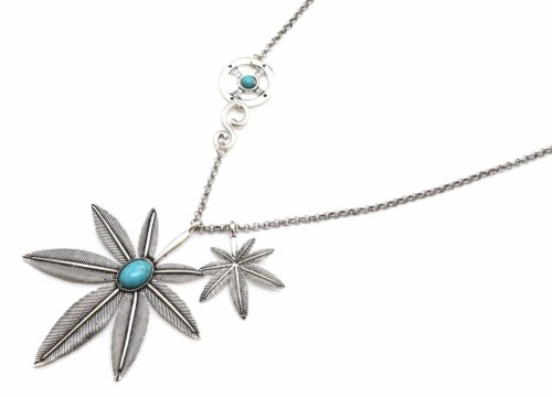 Sautoir-Collier-Pendentif-Feuilles-Metal-Vieilli-Argente-avec-Pierres-Turquoise