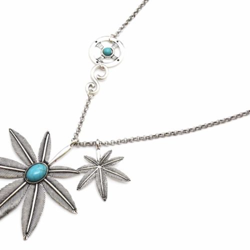 Sautoir-Collier-Pendentif-Feuilles-Metal-Vieilli-Argente-avec-Pierres-Turquoise