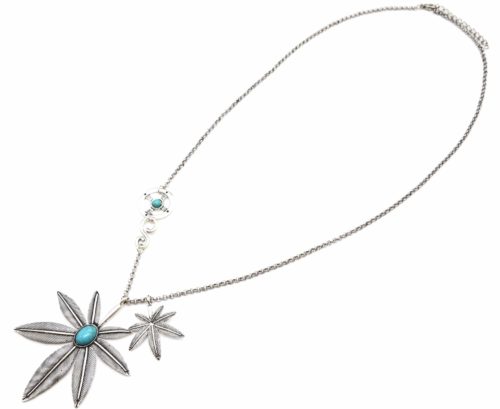 Sautoir-Collier-Pendentif-Feuilles-Metal-Vieilli-Argente-avec-Pierres-Turquoise