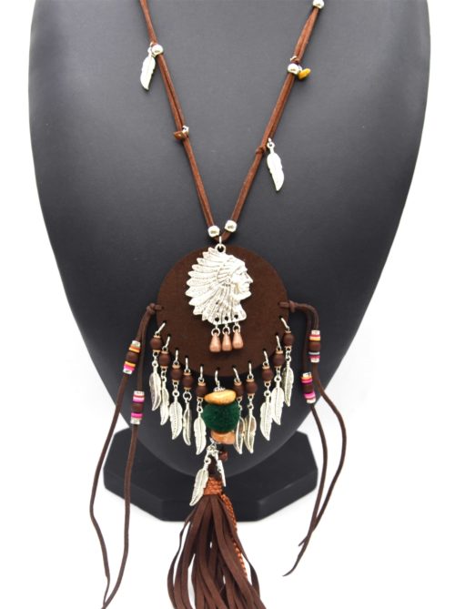 Sautoir-Collier-Cordons-Pendentif-Cercle-Feutrine-Marron-Indien-et-Plumes-Metal-Argente