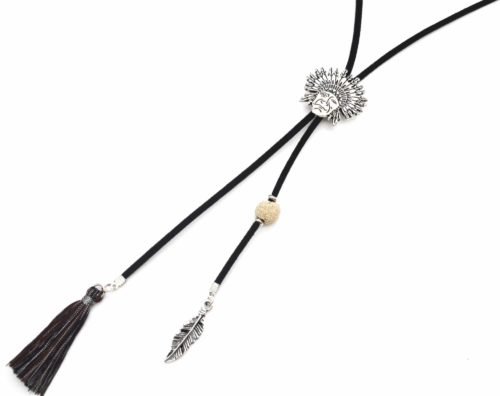 Sautoir-Collier-Cordon-Noir-Pendentif-Indien-Coiffe-Ethnique-Metal-avec-Plume-et-Pompon