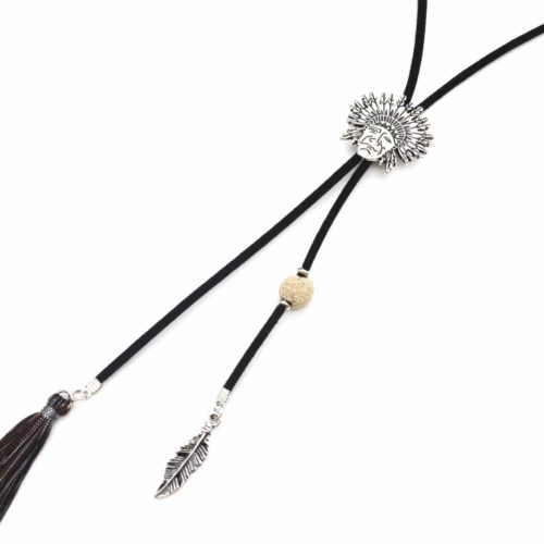 Sautoir-Collier-Cordon-Noir-Pendentif-Indien-Coiffe-Ethnique-Metal-avec-Plume-et-Pompon