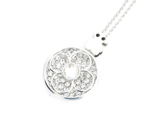 Sautoir-Collier-Pendentif-Medaillon-Trefle-Ajoure-Pierre-Strass-et-Ourson-Metal-Argente