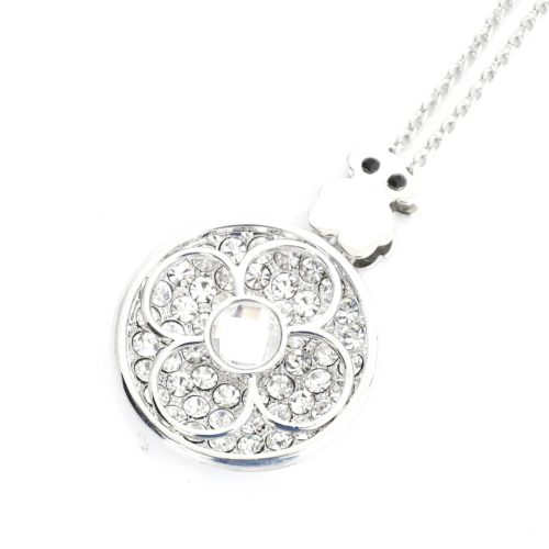 Sautoir-Collier-Pendentif-Medaillon-Trefle-Ajoure-Pierre-Strass-et-Ourson-Metal-Argente