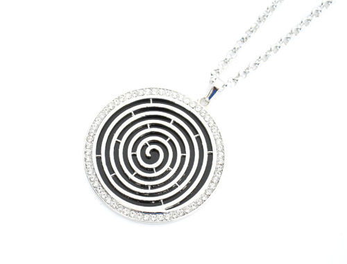 Sautoir-Collier-Pendentif-Spirale-Contour-Strass-Metal-Argente-et-Resine-Noire