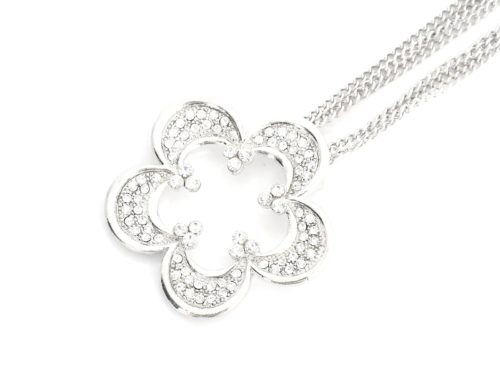 Sautoir-Collier-Multi-Chaines-Pendentif-Fleur-Contour-Strass-et-Metal-Argente