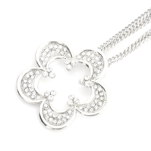 Sautoir-Collier-Multi-Chaines-Pendentif-Fleur-Contour-Strass-et-Metal-Argente