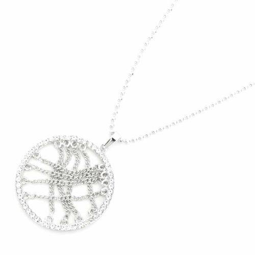 Sautoir-Collier-Pendentif-Cercle-Ajoure-Multi-Chaines-Metal-Argente-et-Contour-Strass