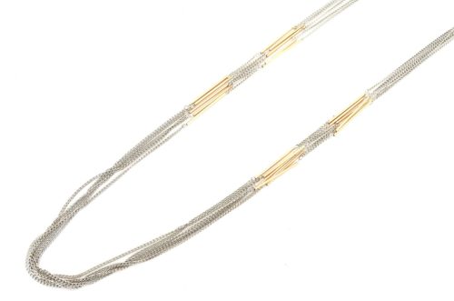 Sautoir-Collier-Multi-Chaines-Argente-et-Tubes-Metal-Dore